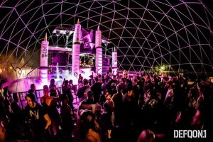 Inside 15 metre diameter hemisphere dome frame. Defqon 1 festival. Sydney