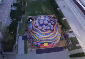 15 metre diameter hemisphere geodesic dome for Brisbane Writers Festival. Custom full digital print. Angel's Palace