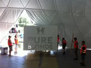 Loading in the Pure Blonde dj booth. 18m dome