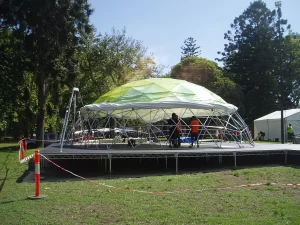 Garnier 12 metre diameter geodesic dome. Custom cover & double opening aluminium doors. Melbourne International Flower & Garden Show.