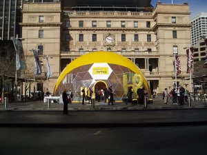 Optus 15 metre diameter geodesic dome. Custom made cover for the iphone 4 product launch. Custom House Square, Sydney. The "Love Lounge"