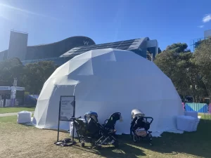 10 metre diameter pop up fulldome cinema/projection dome. Tumbalong Park, Sydney. 2024